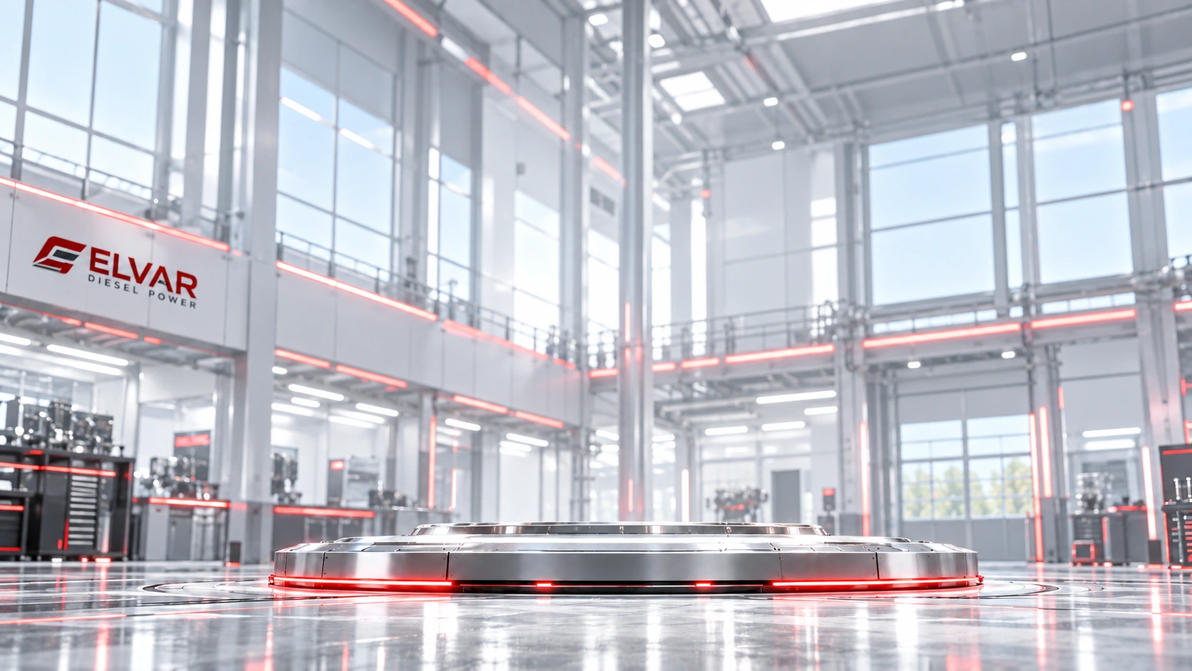 Bright ELVAR factory and illuminated engine platform