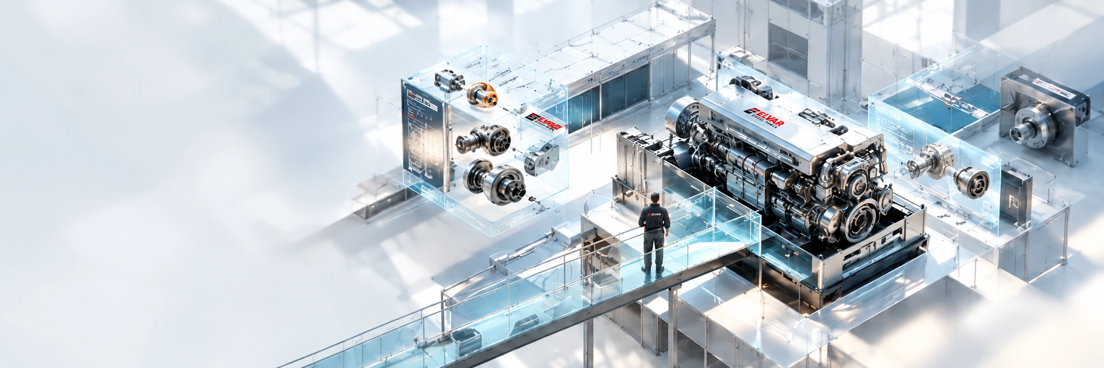 ELVAR engine and technician on a glass platform with precision components