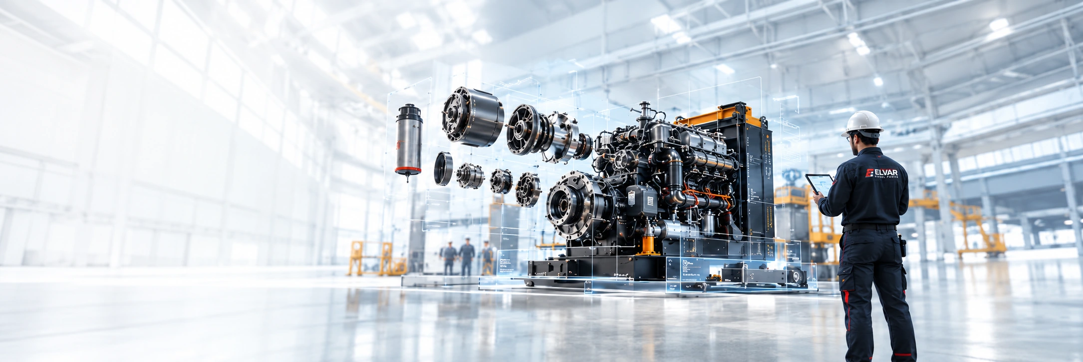 ELVAR technician inspecting an engine and separated components in a bright factory