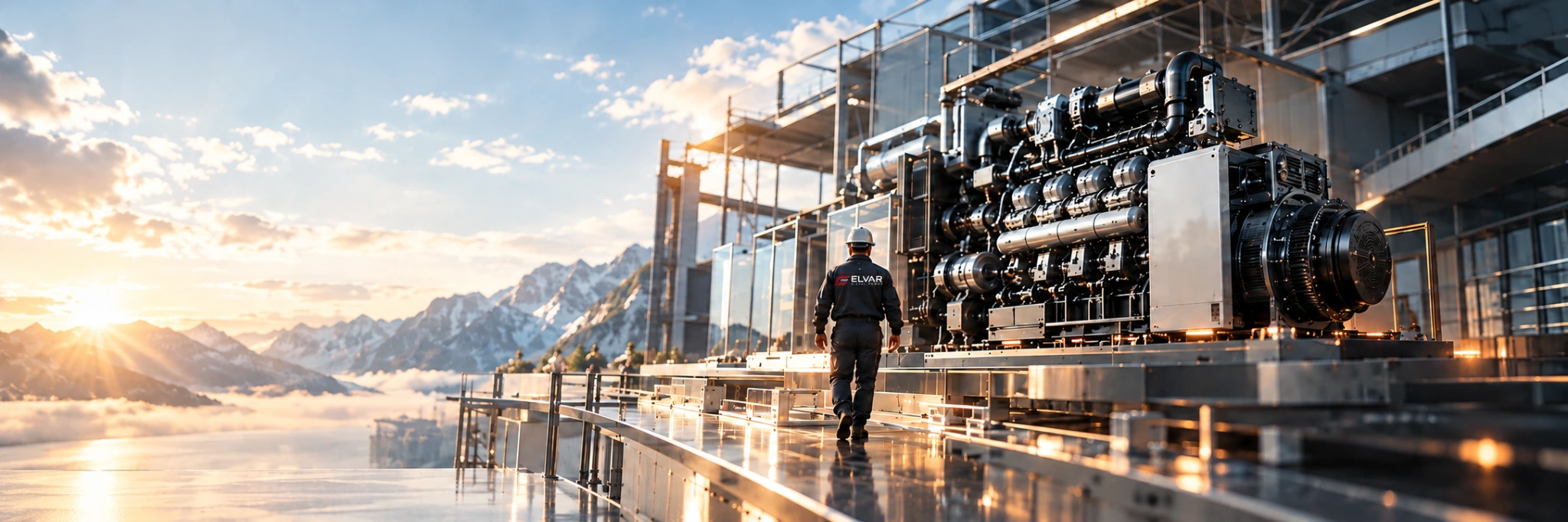 ELVAR technician approaching a diesel engine beside a glass factory at sunrise