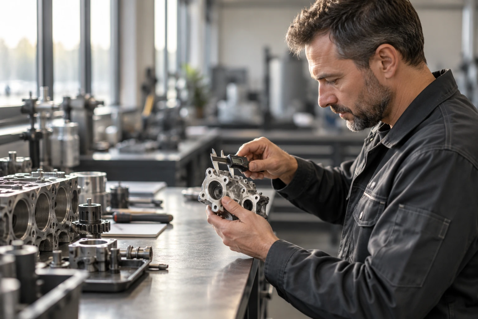 Technician checking an engine component with a precision measuring tool